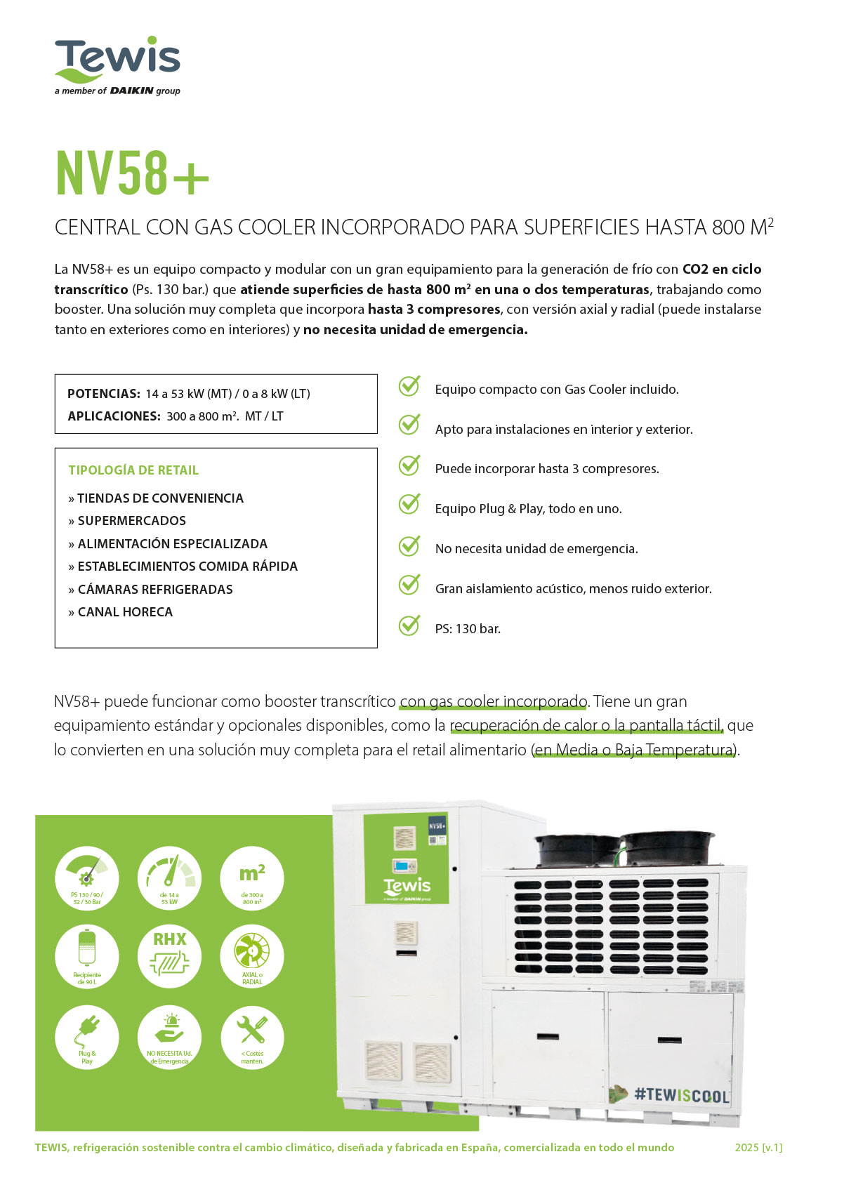 NV58+, central compacta con gas cooler para superficies de hasta 800 m2